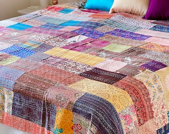 Cotton Patchwork Kantha Bedcover, Kantha Stiched Bedspread, Bed Throw, Reversible Bedcover, Boho Reversible BedSpread, Housewarming Gift