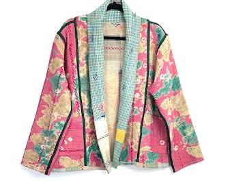 Unieke Kantha korte jas gratis maat omkeerbare Vintage Kantha jas cadeau voor Mamma Vintage Sari Kantha Jacke