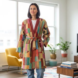 Chaqueta lavada a la piedra, nueva chaqueta a rayas Kantha, chaqueta con patchwork Kantha, nueva chaqueta Kantha, chaqueta reversible, regalo para ella, chaqueta para mujer