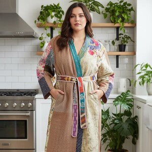 Kantha Robe: Vintage  Kantha Long Jacket, Gift for Mom, Vintage Clothing, Handmade Quilted Jacket, Plus Size Clothing