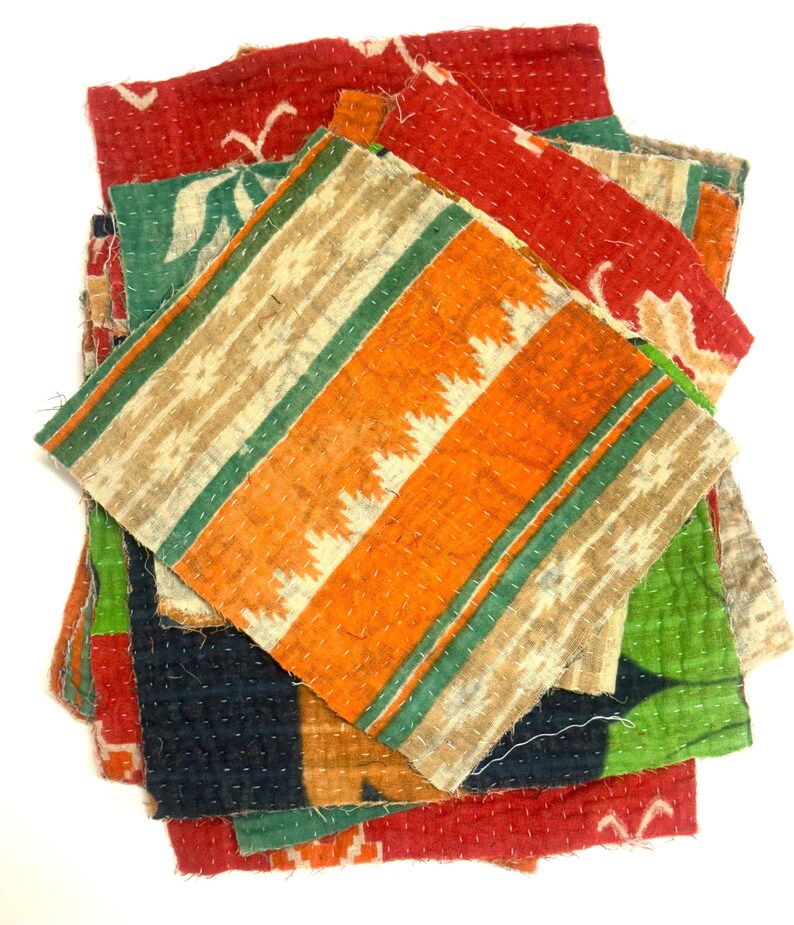 Kantha Fabric scraps Bundle, Kantha Craft Fabric Pieces, Kantha Craft Bundle, Vintage Quilted Scraps Bundle, Fabric Scrap for Pachwork image 3