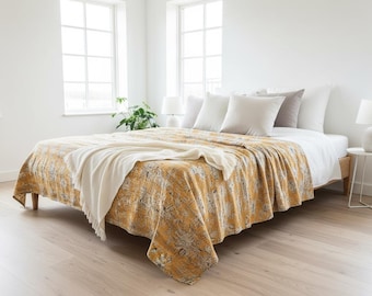 New Kantha Bedspread, Mustard yellow Kantha Stitch, Pure Cotton Botanical print Reversible Bedspread, King Size Bedcover, Sofa Bed Throw