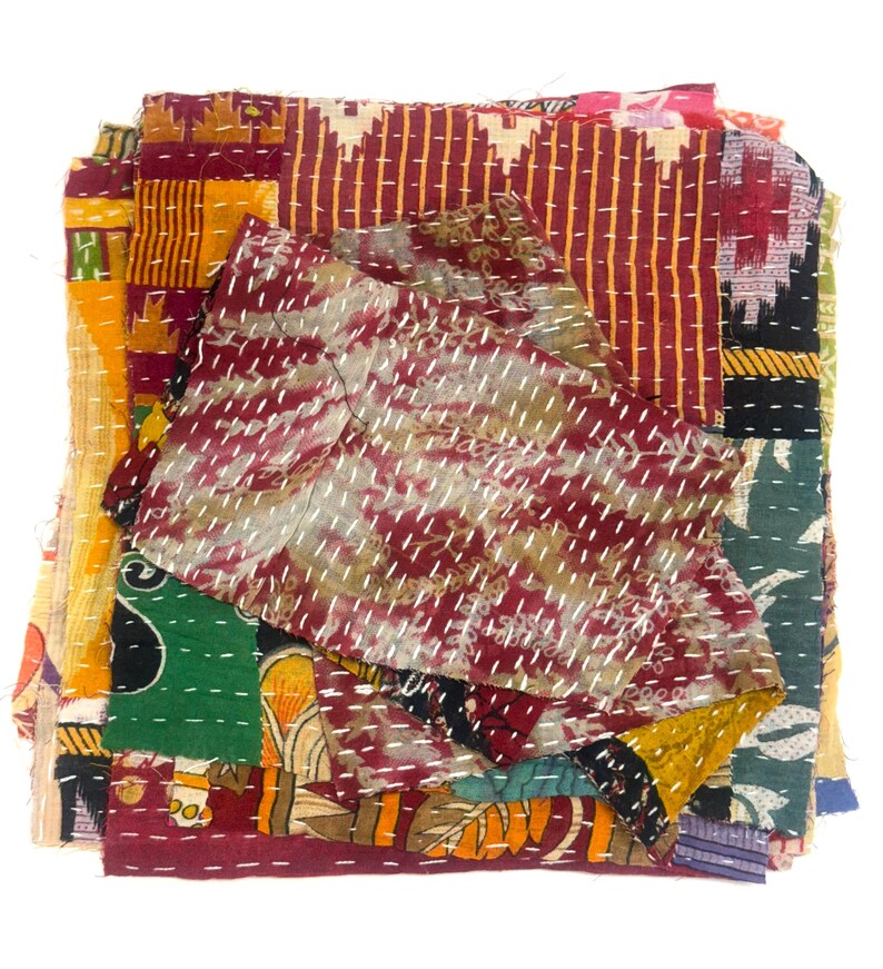 Kantha Fabric scraps Bundle, Kantha Craft Fabric Pieces, Kantha Craft Bundle, Vintage Quilted Scraps Bundle, Fabric Scrap for Pachwork image 9