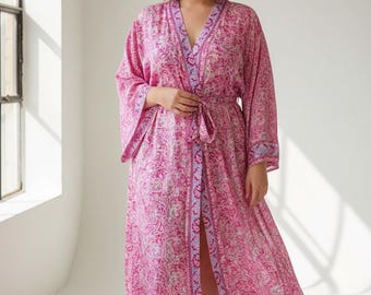Turquoise Silk Kimono,Plus Size clothing,Pink Free Size Silk kimono, Luxury Lounging Gawn, Digital Print luxurious Blue Kimono, Mamma Gift