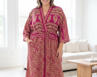 Kimono rose en soie grande taille : robe de chambre bohème recyclée en soie, cadeau pour maman