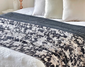 Botanical Print Kantha Stitch Bedcover: Reversible Cotton King Size Bedspread