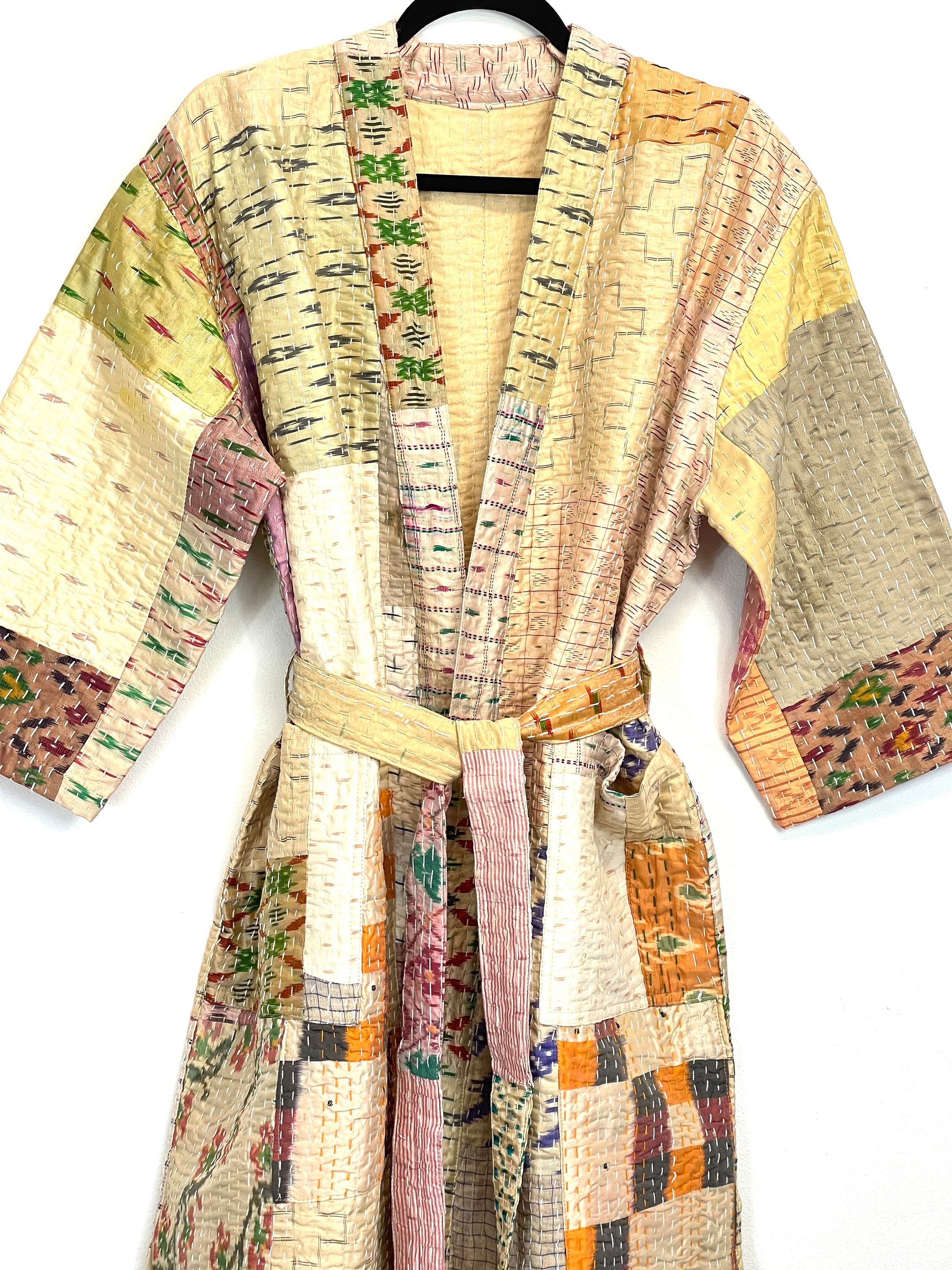 Kantha Robe Pastel Grey Silk Kantha Patchwork Robe, Silk Kantha Robe, Long Silk ...