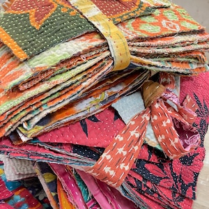 Vintage Kantha Fabric Scraps Bundle: Quilted Patchwork Pieces