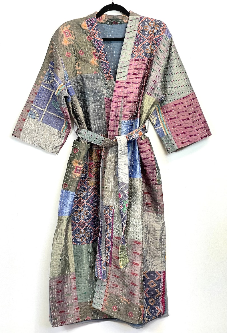 Kantha Robe Pastel Grey Silk Kantha Patchwork Robe, Silk Kantha Robe, Long Silk ...