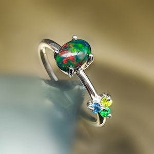 Opal Ring Sterling Silver Oval Cut Black Opal Ring Solid Gold Natural Black Opal Ring Minimalist Ring Dainty Ring October Birthstone Ring