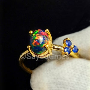 Opal Ring Sterling Silver Oval Cut Black Opal Ring Solid Gold Natural Opal Ring Multi Fire Opal and Sapphire Ring Designer Ring Women's Ring