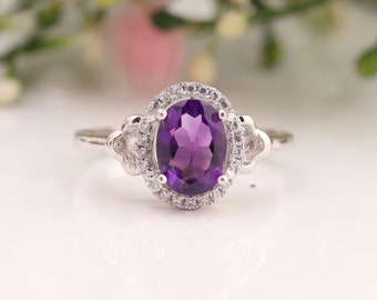 Amethyst Ring Sterling Silver Oval Cut Amethyst Ring Solid Gold Halo Natural Amethyst Ring Designer Ring Statement Ring February Birthstone