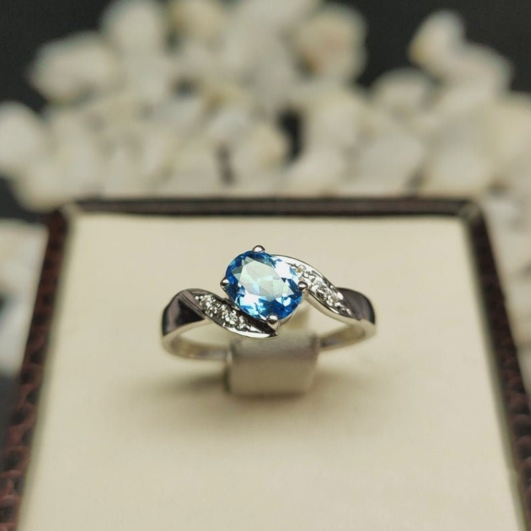 Topaz Ring Sterling Silver Oval Cut Blue Topaz Ring Solid Gold Natural ...