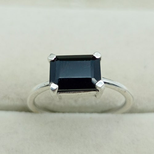 Black Spinel Ring Emerald Cut Solitaire Ring Sterling Silver - Etsy