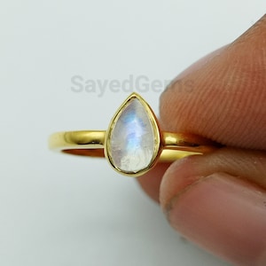 Moonstone Ring Sterling Silver Pear Cut Fire Moonstone Ring Solid Gold Natural Rainbow Moonstone Ring Minimalist Ring June Birthstone Ring