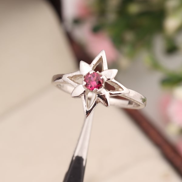 Tourmaline Ring Sterling Silver Round Cut Tourmaline Ring Solid Gold Natural Pink Tourmaline Ring Star Design Tourmaline Ring Designer Ring