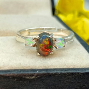 Black Opal Ring Fire Opal Sterling Silver Ring Black and White Opal Ring Oval Opal Solid Gold Ring Ethiopian Opal Ring Three Stone Opal Ring