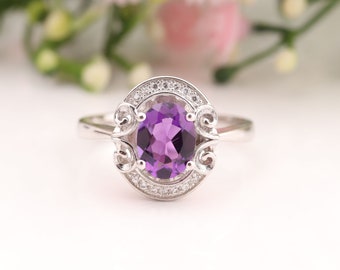 Amethyst Ring Solid Gold Natural Amethyst Ring Sterling Silver Oval Cut Amethyst Ring Designer Ring Minimalist Ring February Birthstone Ring