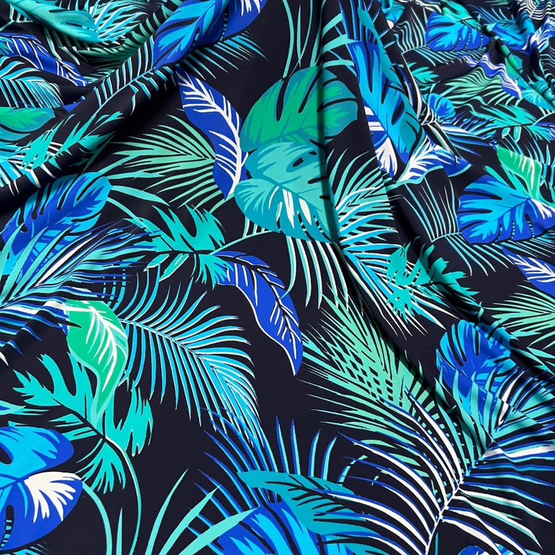 Blue Leaves Black Background Print Continuous Yard X 60 Inches Etsy