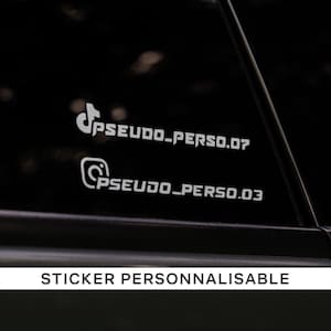May include: White vinyl stickers with social media logos and usernames on a black background. The stickers include a TikTok logo with "PSEUDO_PERSO.07" and an Instagram logo with "PSEUDO_PERSO.03". The text "STICKER PERSONNALISABLE" is at the bottom.