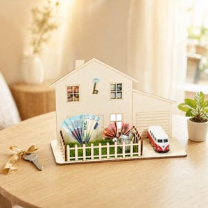 May include: A wooden house model featuring a front yard with a white picket fence, green artificial grass, folded paper money, a miniature metal watering can, and a red and white toy van. A metal key with a gold ribbon sits on the table nearby.