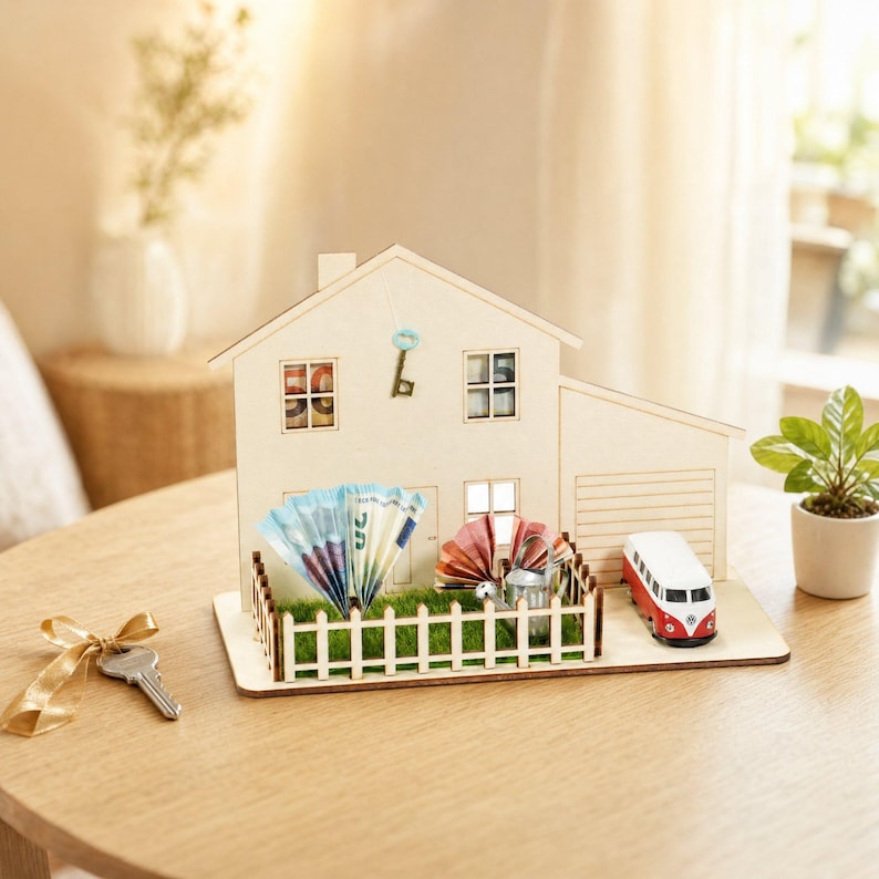 May include: A wooden house model featuring a front yard with a white picket fence, green artificial grass, folded paper money, a miniature metal watering can, and a red and white toy van. A metal key with a gold ribbon sits on the table nearby.