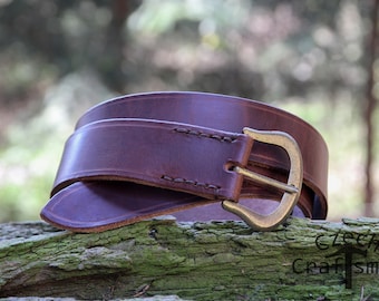 Leather belt with wide buckle