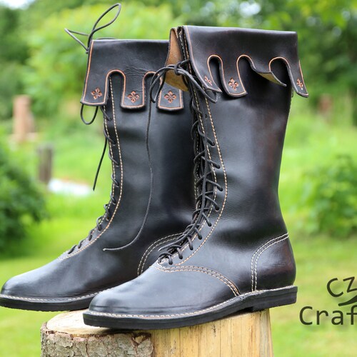 Medieval Top Boots With Decorated Cuffs, Round Tip - Etsy display picture 1