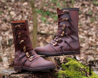 Bottes hautes viking JARL avec boutons en bois de cerf