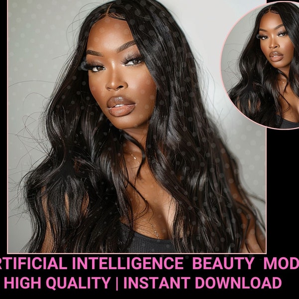Beauty Model Stock Image AI - African American Beauty Model, Hair Wig Makeup Lash Spa Stock Photo