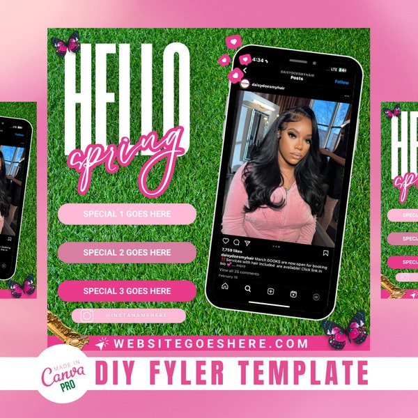 DIY Spring Hair Booking Sales Flyer | Booking Now Lash, Wig, Nail, Body Contouring Flyer | Canva Template Flyer | Pink and Blue Spring Time