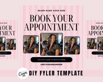 Pink Book Now Canva Flyer | Appointments Available for Hair, Braids, Nails, Lashes | Book Now FlyerTemplate  | Hair Special Flyer