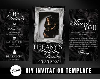 Birthday Dinner Digital Invitation, Black and White Birthday Invitation, Custom Invitation Templates, Canva Digital Invite Template