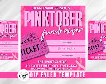 DIY Pinktober Fundraiser Raffle Canva Flyer, Breast Cancer Awareness Flyer, Breast Cancer Brunch Canva Flyer Template Design