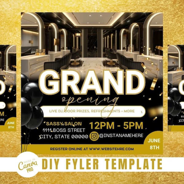 Salon Grand Opening Flyer | Gold Black DIY Celebration Instagram Flyer | Editable DIY Canva Template | Instagram Grand Opening Sale Flyer