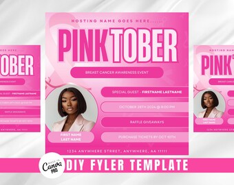 DIY Pinktober Fundraiser Raffle Canva Flyer, Breast Cancer Awareness Flyer, Breast Cancer Brunch Canva Flyer Template Design