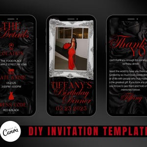 Invito digitale per cena di compleanno, invito di compleanno nero e rosso, modelli di invito personalizzati, modello di invito digitale Canva
