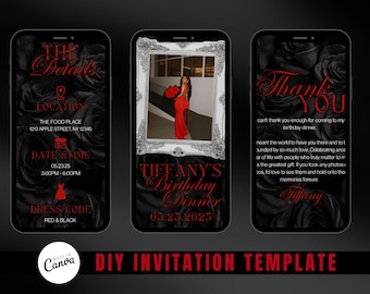 Birthday Dinner Digital Invitation, Black and Red Birthday Invitation, Custom Invitation Templates, Canva Digital Invite Template