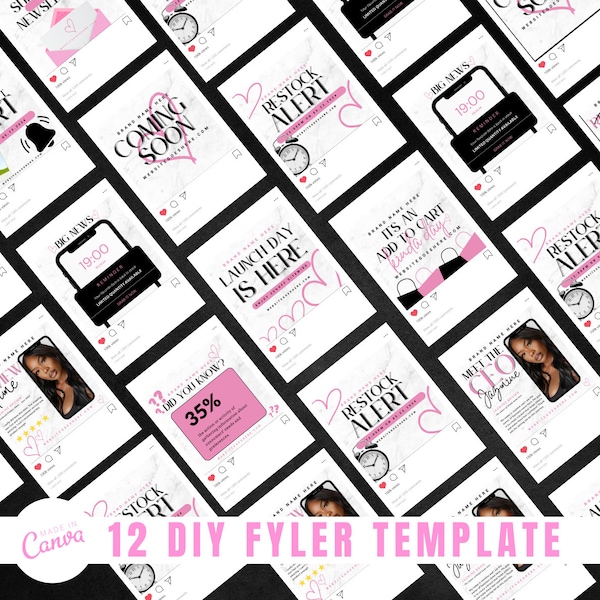 12 Social Media Instagram Templates For Small Business | Canva New Business Launch Post | Pink Black Post for Hair, Makeup, Nail, Beauty