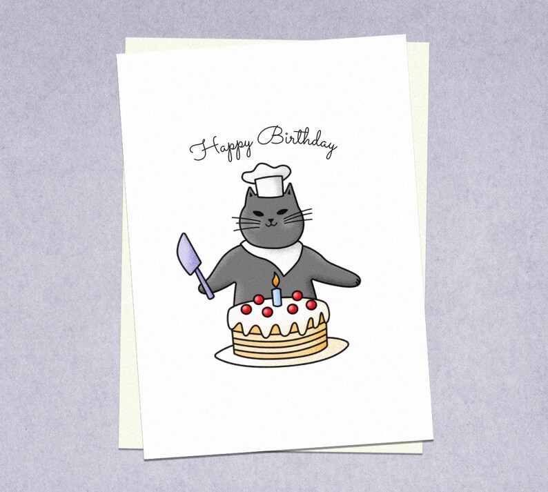 Cute Cat Pastry Chef Birthday Postcard Cat Lover Postcard Kawaii Cat Postcard Feline Lover Postcard