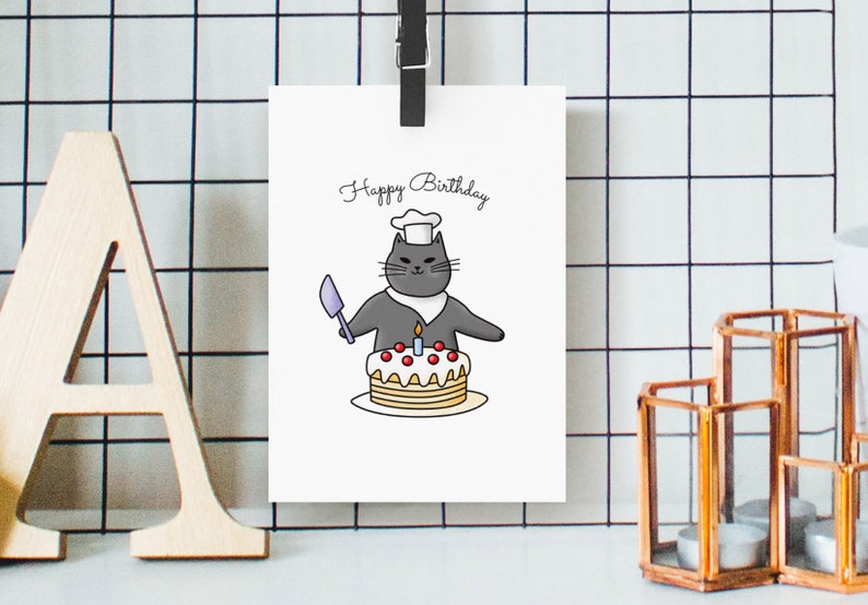 Cute Cat Pastry Chef Birthday Postcard Cat Lover Postcard Kawaii Cat Postcard Feline Lover Postcard