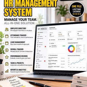 May include: A laptop displaying the OwnDesk Team HR Management System dashboard, featuring an employee directory, attendance tracker, payroll, and analytics. The image includes text detailing features like leave management, performance reviews, and task tracking.