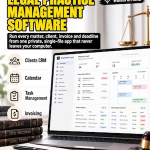 Può includere: Uno schermo di computer portatile con il software OwnDesk Legal, che mostra una dashboard con casi attivi, clienti, attività e fatture. L'immagine include testo sulla gestione legale, libri di diritto, una penna e un martelletto.