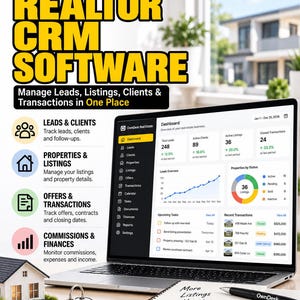 Peut inclure: Logiciel CRM immobilier OwnDesk affiché sur un écran d'ordinateur portable montrant un tableau de bord avec des prospects, des annonces et des données de transaction. Le graphique inclut du texte sur la gestion immobilière.