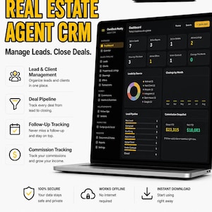 May include: A laptop displaying the OwnDesk Realty Real Estate Agent CRM dashboard with dark mode interface, showing lead management, deal pipeline, follow-up tracking, and commission tracking features. Text includes No Monthly Fees, Works Offline, and Manage Leads. Close Deals.