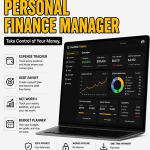May include: A laptop displaying the OwnDesk Finance personal finance manager software. The screen shows a dark-themed dashboard with financial charts, net worth, and expense tracking. Text includes 'Personal Finance Manager', 'Take Control of Your Money', 'Expense Tracker', 'Debt Payoff', 'Net Worth', and 'Budget Planner'.