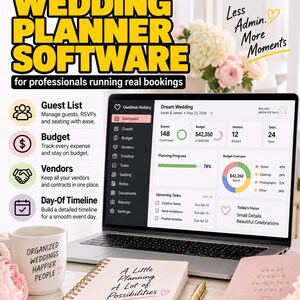 Peut inclure: Logiciel de planification de mariage OwnDesk affiché sur un écran d'ordinateur portable montrant un tableau de bord avec suivi des invités, du budget et des prestataires. Un mug blanc avec texte, un carnet à spirales et un stylo.