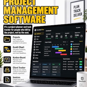 May include: A laptop displaying the OwnDesk Flow project management software dashboard with a dark interface, featuring project timelines, task lists, and invoice tracking. The screen shows text including Projects, Gantt Chart, Kanban Board, and Client Tracker.