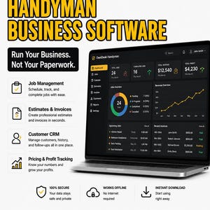 May include: OwnDesk Handyman business software displayed on a laptop screen. The interface shows a dashboard with job management, revenue overview, and profit tracking. Text includes 'Run Your Business. Not Your Paperwork.' and 'No Monthly Fees'.