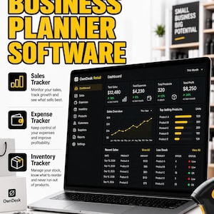 以下が含まれることがあります： ノートパソコンの画面に表示されたOwnDesk Retailビジネスプランナーソフトウェア。インターフェースには、売上、経費、在庫、利益のデータを示すダッシュボードが表示されています。テキストには「No Monthly Fees」、「Works Offline」、「Small Business Big Potential」と記載されています。